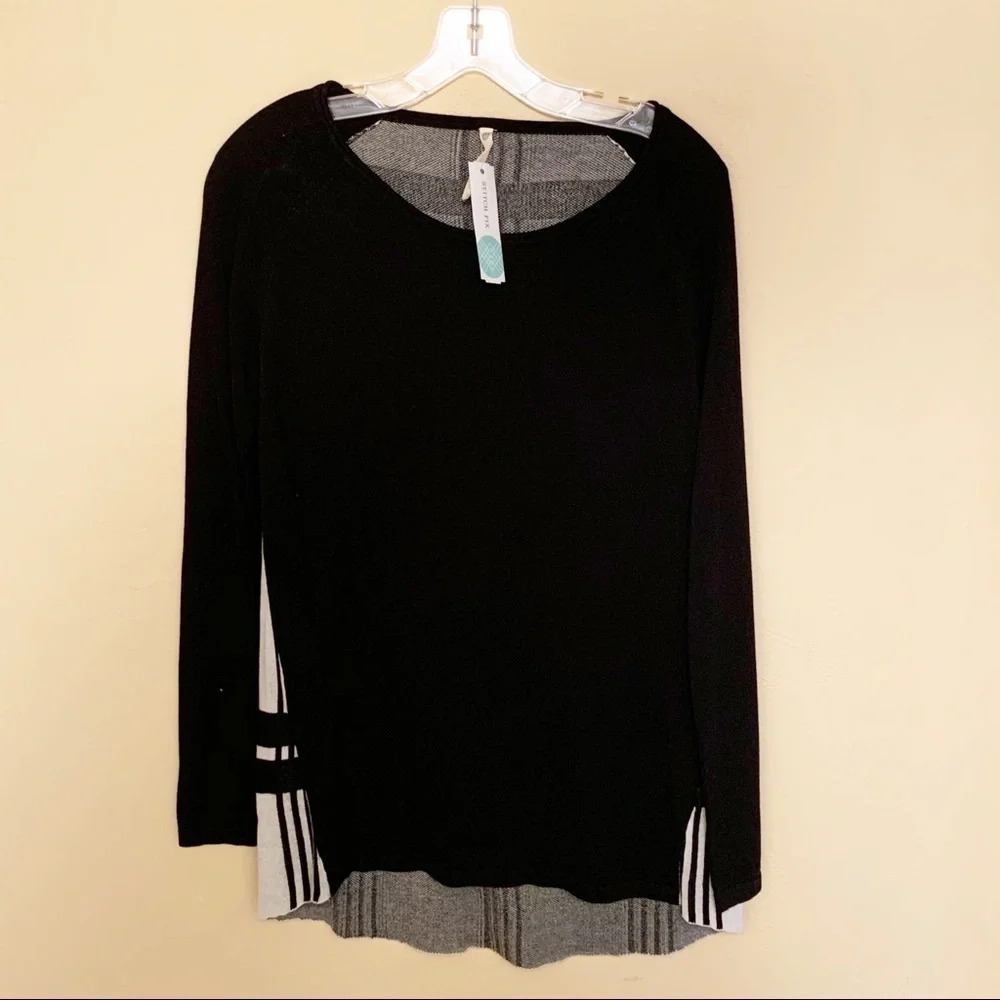 NWT TeeBerry & Weave Black Gray Plaid Back Pullover Sweater Medium Knit - Picture 3 of 5